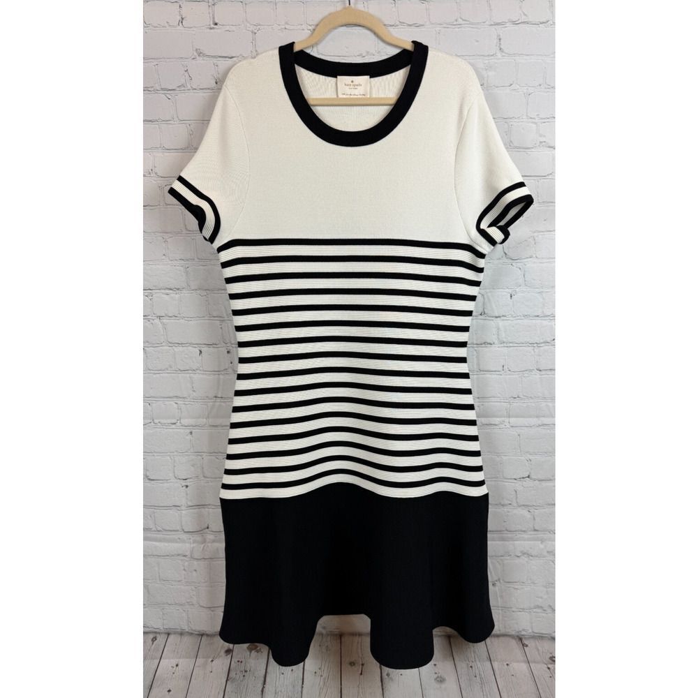 KATE SPADE NEW YORK black white striped A-line short sleeve knit dress XXL - Picture 1 of 6